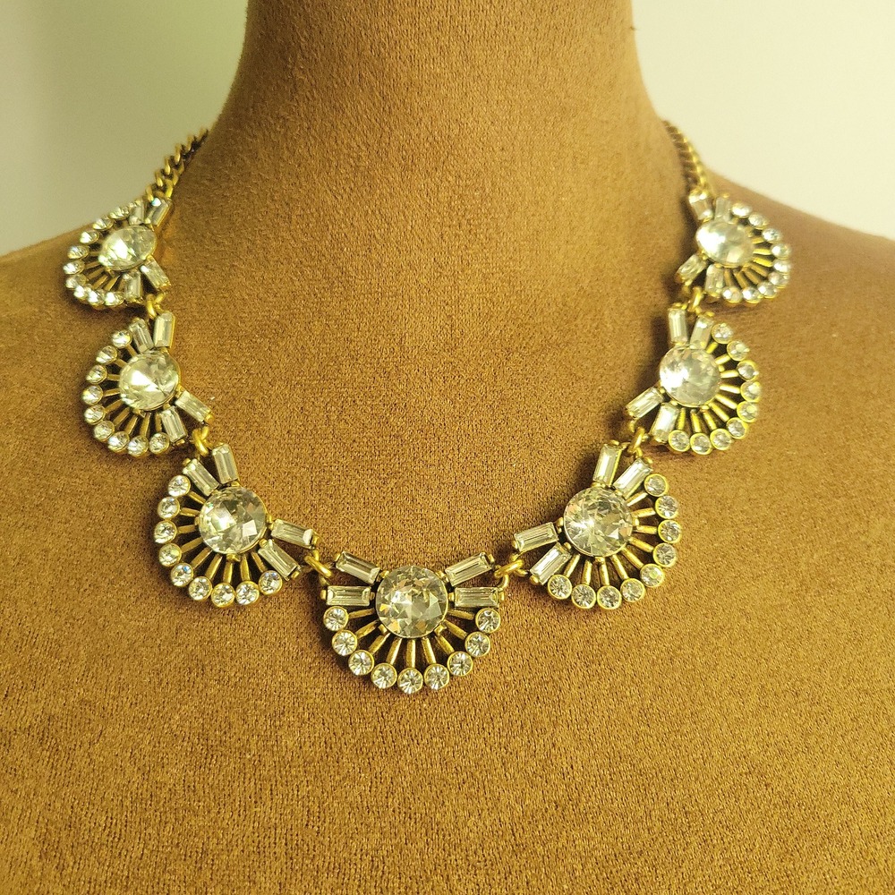 J. Crew Gold Tone Crystal Fan Statement Necklace 17-19.5" Art Deco